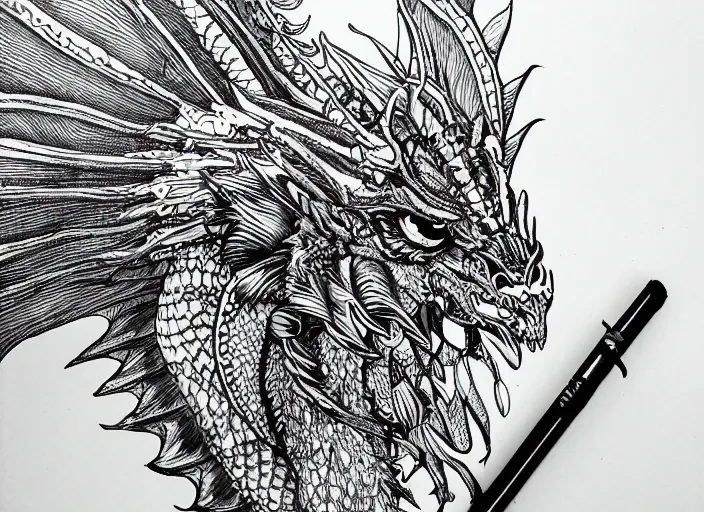 Image similar to black micron pen illustration, dragon steam punk, clean lines, really clear, crisp detail, fine pen, artstation, Olivia Kemp, julia Hill