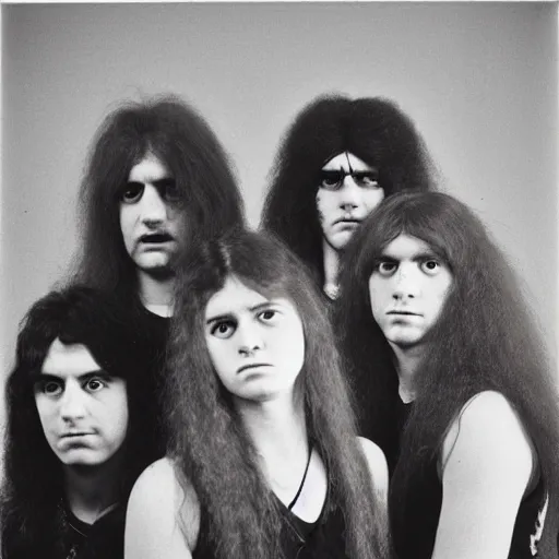 Image similar to Group of 19-year-old girls, permed hair, thick hair, heaviest metal band of 1970s, proto-metal, promo photo, band promo, 1971 16mm photograph