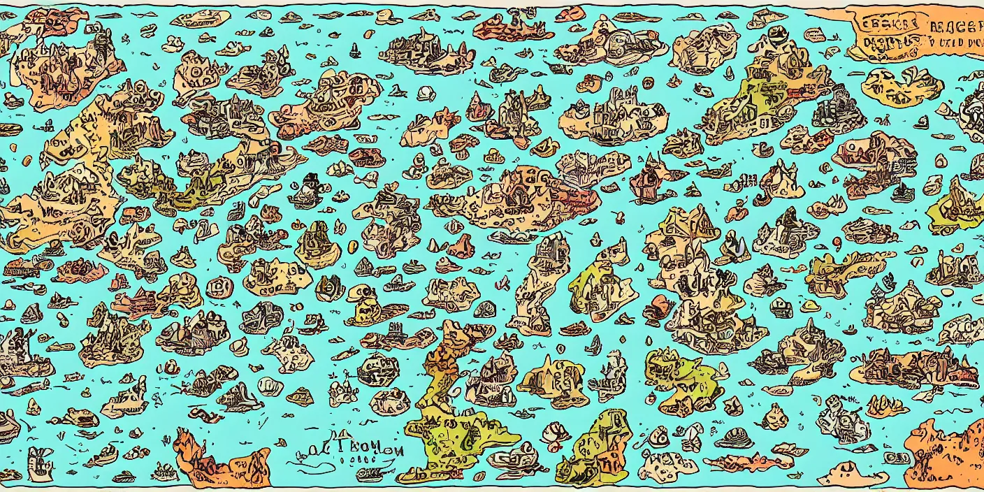 Image similar to a rpg map with regions in separated colors surrounded by ocean detailed, flat colors and strokes illustrated by Mattias Adolfsson