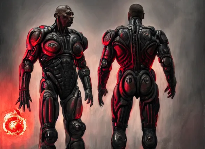 Prompt: tommy lister jr. as victor stone, full body concept, cyborg, borg, strogg, face of a man, terminator, flesh, quake strogg, doom demon, wolfenstein, monstrous, powerful, symmetry, symmetrical, concept art by ruan jia and greg rutkowski