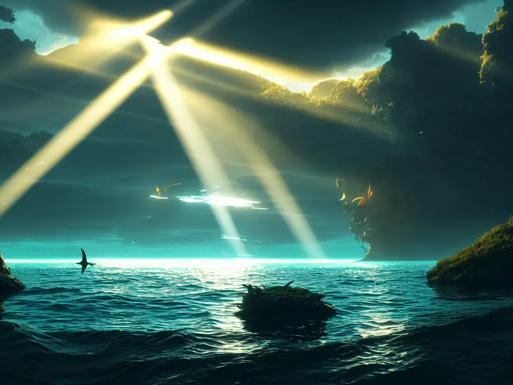 Prompt: god rays reflecting in the sea fish swimming around, dramatic lighting, cinematic, establishing shot, high detail, cinematic lighting, post processed, 8k, concept art, artstation, matte painting, in the style of eddie mendoza, raphael lacoste, alex ross