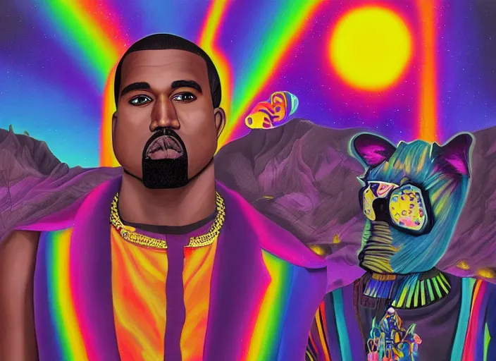 Image similar to kanye west goes and a kanye quest to find hidden treasure, an ultrafine detailed painting by lisa frank, trending on deviantart, pop surrealism, lowbrow, colorful