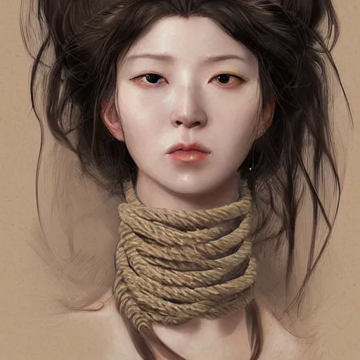 Image similar to portrait of a Shibari rope wrapped face and neck Japanese schoolgirl, headshot, insanely nice professional hair style, dramatic hair color, digital painting, of a old 18th century, traveler, amber jewels, baroque, ornate clothing, scifi, realistic, hyperdetailed, chiaroscuro, concept art, art by Franz Hals and Jon Foster and Ayami Kojima and Amano and Karol Bak,