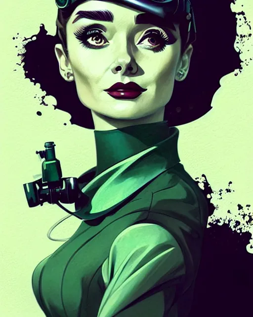 Prompt: in the style of joshua middleton, artgerm, beautiful audrey hepburn, steampunk, bioshock, full body green dress, elegant pose, middle shot, spooky, symmetrical face symmetrical eyes, three point lighting, detailed realistic eyes, insanely detailed and intricate elegant, underwater home