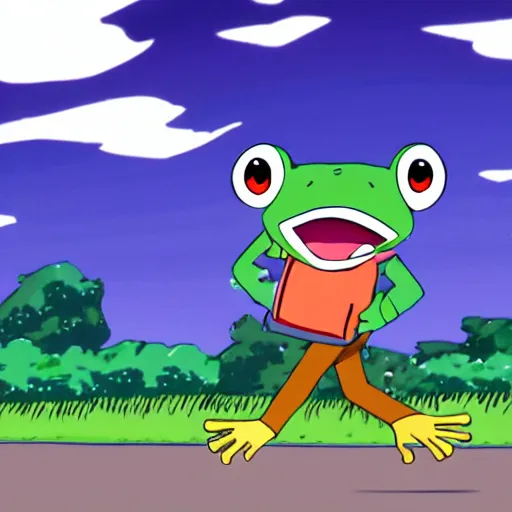 Prompt: frog running late for school, anime screenshot, shonen