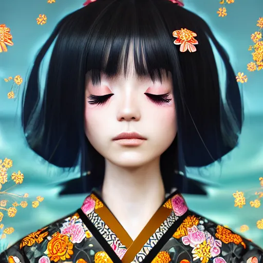 Prompt: centered portrait of a 3D beautiful Japanese girl in kimono, hyperdetailed, digital painting, trending on Artstation, cel-shading style, CG society, hyperdetailed, digital painting, hypermaximalist, golden ratio, volumetric, octane render, weta digital, micro details, 3d sculpture