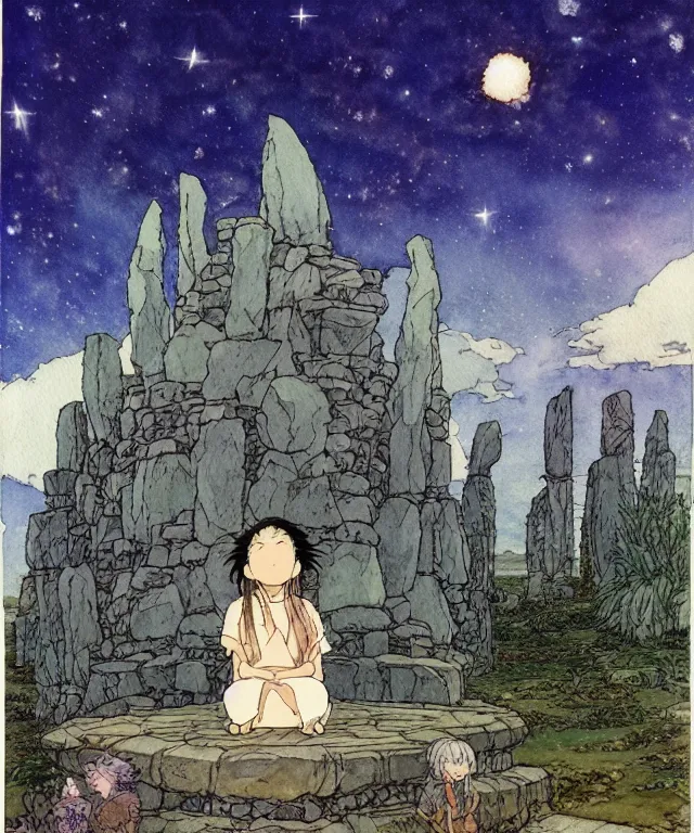 Prompt: a hyperrealist studio ghibli watercolor fantasy concept art. in the foreground is a giant long haired grey warlock sitting in lotus position on top of stonehenge with shooting stars all over the sky in the background. by rebecca guay, michael kaluta, charles vess