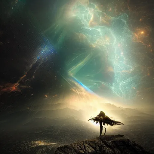 Image similar to a collision of dimensions at the horizon, celestial asthetics, colorful, dramatic lighting, de - noise, ultra realism, dark fantasy mixed with steampunk, 8 k