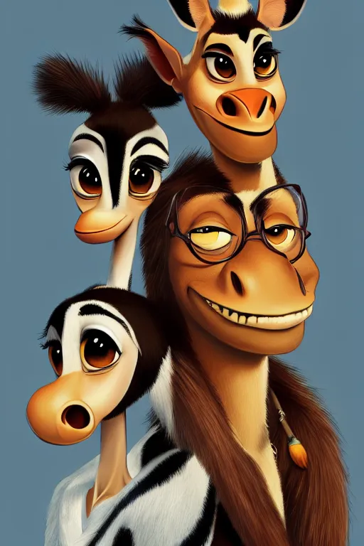 Prompt: a portrait of humanization of gloria and melman from madagascar, grim - lighting, high - contrast, intricate, elegant, highly detailed, digital painting, artstation, concept art, smooth, sharp focus, illustration