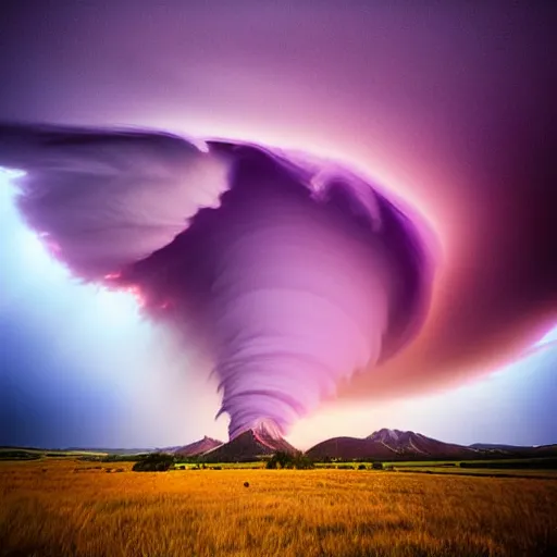 Image similar to amazing photo of purple clouds in the shape of a tornado by marc adamus, digital art, beautiful dramatic lighting