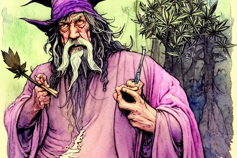 Image similar to a realistic and atmospheric watercolour fantasy character concept art portrait of gandalf with pink eyes lying on his back looking happy and confused and smoking weed out of his pipe with a pot leaf nearby, by rebecca guay, michael kaluta, charles vess and jean moebius giraud