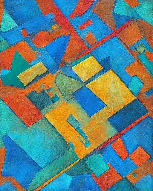 Prompt: a painting of satellite view of a square city with geometric shapes by ramon chirinos, abstract geometric, glitches, ocher and turquoise colors