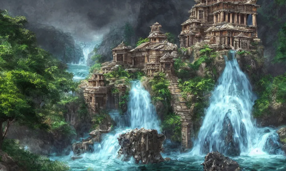 Prompt: ancient temple on top of a waterfall, digital art, concept art, fantasy art, highly detailed, hd wallpaper, hdr, artstation, deviantart, behance