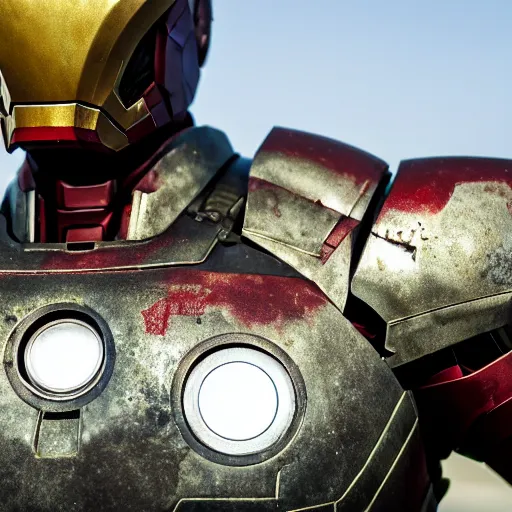 Prompt: overgrown, rusted, scratched, dented, and battle damaged iron man suit, 4k realistic photo