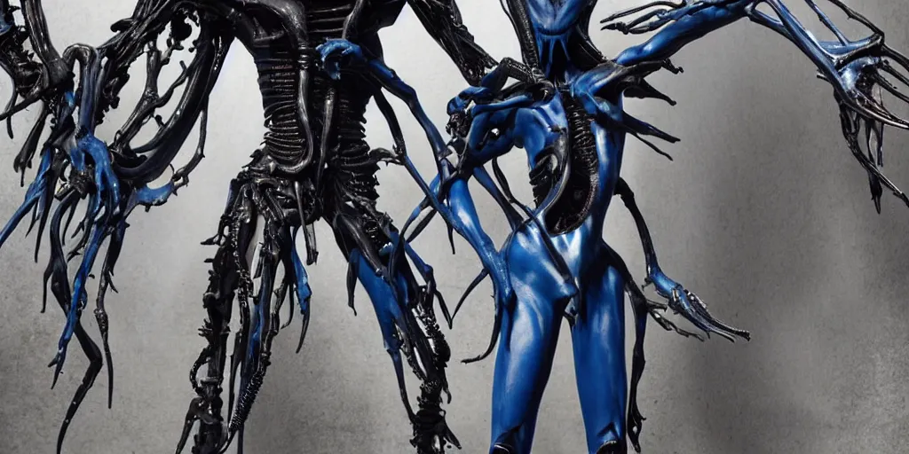 Image similar to blue human with rick owens iron spikes xenomorph intricated jewelry figure plastic jumping in a runway fashion show, realistic photography paparazzi by Nick Knight and Luis Royo