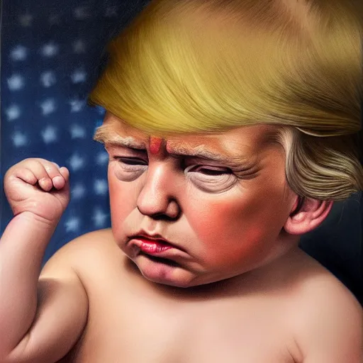 Image similar to portrait donald trump as a pouting toddler, fine art, award winning, desaturated, brown tones, intricate, elegant, sharp focus, cinematic lighting, digital painting, 8 k concept art, by michael hussar and greg manchess and brom and z. w. gu, 8 k