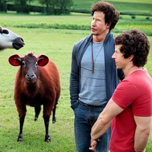 Image similar to mark wahlberg and andy samberg talking to farm animals