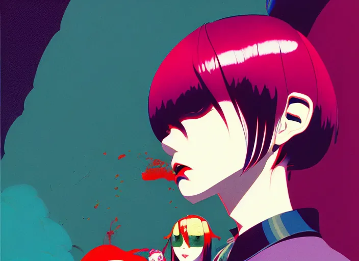 Image similar to editorial illustration by Karolis Strautniekas and Mads Berg, colorful, anime portrait vampire princess miyu, katsuhiro otomo, murata range, haruhiko mikimoto, Ilya kuvshinov,fine texture, smooth cel shading, fine details, matte print, film noir, dramatic lighting, dynamic composition, cinematic, film grain, moody, vivid, volumetric,stippled lighting