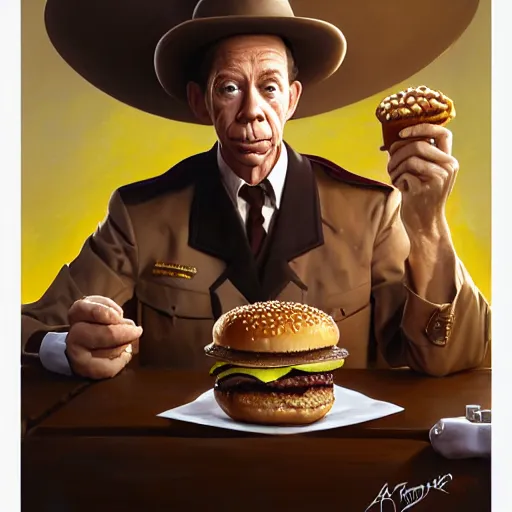 Prompt: portrait of barney fife eating hamburgers, extra onions and ketchup, luscious patty with sesame seeds, feminine ethereal, handsome, d & d, fantasy, intricate, elegant, highly detailed, digital painting, artstation, concept art, matte, sharp focus, illustration, art by artgerm and greg rutkowski and alphonse mucha