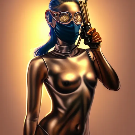 Image similar to cute girl wearing balaclava masks holding a gun, confident pose, radiant light, art by peter lloyd 1 9 8 0, airbrush style, art by hajime sorayama,, intricate, elegant, sharp focus, illustration, highly detailed, concept art, matte, sharp focus, illustration, highly detailed, concept art, h 6 4 0