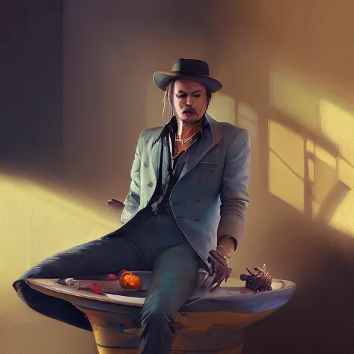 Prompt: johnny depp sitting in a bowl of dip, ultra high detailed, oil painting, greg rutkowski, charlie bowater, yuumei, yanjun cheng, unreal 5, daz, hyperrealistic, octane render, rpg portrait, dynamic lighting