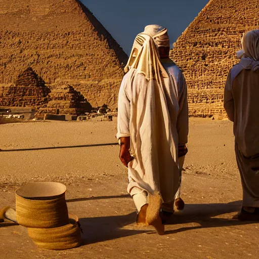 Prompt: egyptian workers wearing ancient clothing building the pyramids, historical reenactment, incredibly detailed, dramatic lighting, cinematic lens flare, 3 5 mm digital photo