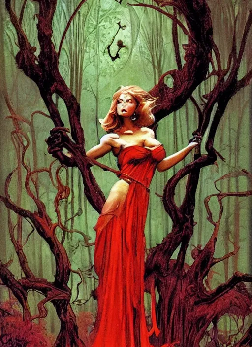 Prompt: mighty fey queen, vine dress, glowing forest, strong line, eerie color, beautiful! coherent! by frank frazetta, by brom