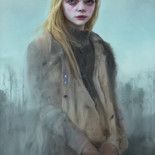 Prompt: a stunning portrait painting of Elle Fanning in a post apocalyptic landscape