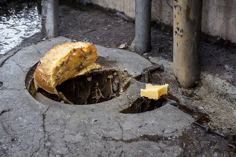 Image similar to a giant rat eating cheese in a sewer, photograph, terror, horror, mutant,