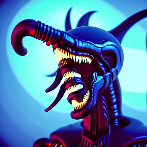 Image similar to a xenomorph looking menacingly at the camera, dramatic blue lighting