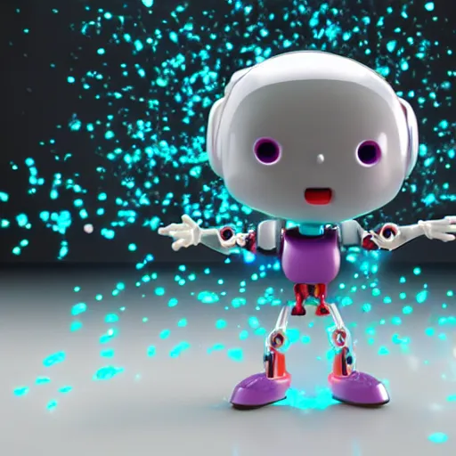 Prompt: single crazy melting plastic toy Pop Figure Robot, C4d, by pixar, by dreamworks, in a Studio hollow, surrounded by flying particles