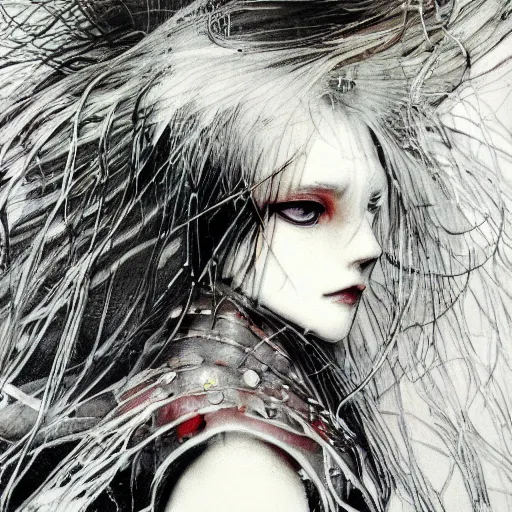 Prompt: Yoshitaka Amano blurred and dreamy illustration of an anime girl with black eyes, wavy white hair and cracks on her face wearing elden ring armour with the cape fluttering in the wind, abstract black and white patterns on the background, noisy film grain effect, highly detailed, Renaissance oil painting, weird portrait angle