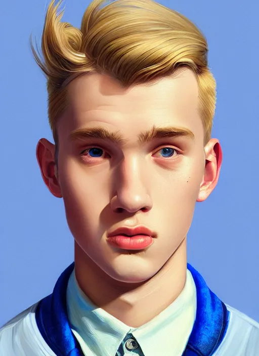 Image similar to portrait of a high school senior boy named moose mason, blonde short hair, jock, beefy, square jaw, square facial structure, 1 9 5 0 s, blue varsity jacket, intricate, elegant, glowing lights, highly detailed, digital painting, artstation, concept art, smooth, sharp focus, illustration, art by wlop, mars ravelo and greg rutkowski