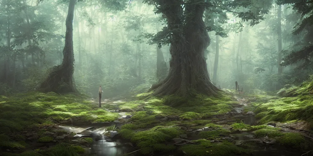 Image similar to a forest, highly detailed oil painting, hyperrealism, ideal lighting, Studio Ghibli, Jessica Rossier, digital art, octane render, beautiful composition, trending on artstation, masterpiece