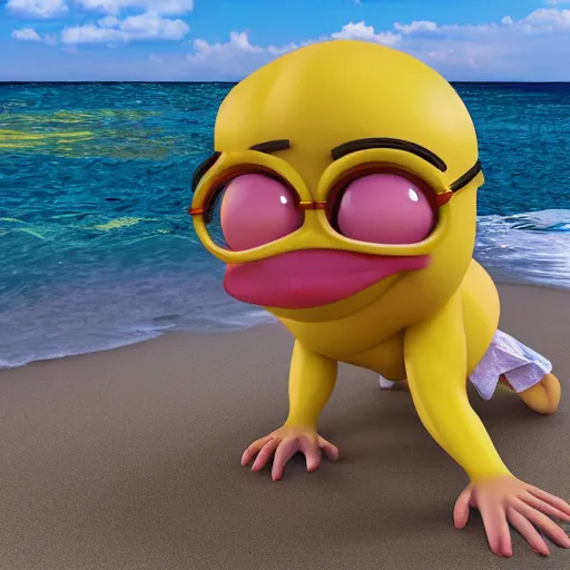 Image similar to a humonid muscular lemon cartoon character, is relaxing on a beach,, inspired by dalle - 2 generations