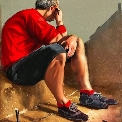 Image similar to a man in cheap and red used sportswear. he is smoking a cigarette. he is sitting on a dead dog. he is on the side of the road. he is wearing slippers. it is a rural scene, in poor village, dramatic lighting, hyper detailed, surreal, hyperrealism, oil painting