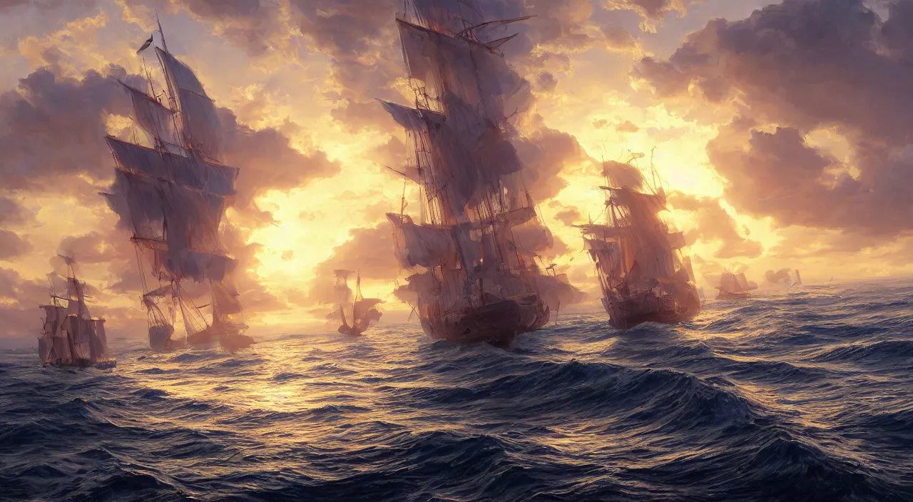 Prompt: detailed oil painting of galleon sailing towards the rising sun, calm ocean, sunset lighting, clear blue sky, hyperdetailed unreal engine 8 k ultra hd, stanley artgerm lau, rossdraws, james jean marc simonetti ruan jia and mandy jurgens and artgerm and william illustration, digital art, concept art