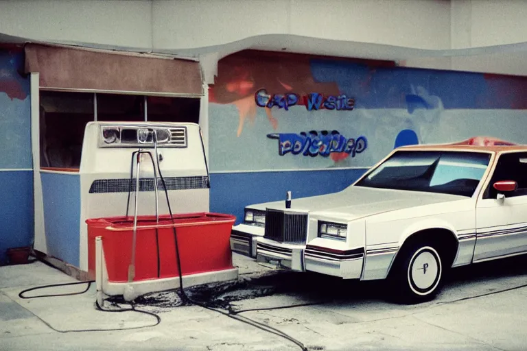 Prompt: 1985 Caprice inside of a car wash, ektachrome photograph, volumetric lighting, f8 aperture, cinematic Eastman 5384 film