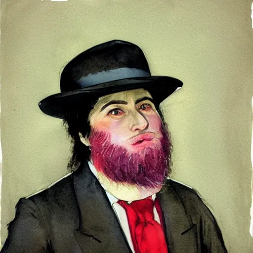 Prompt: Portrait of a handsome man with thick mutton chops. shaved chin, wearing a suit. colorful necktie, pale white face, long messy hair, long hair, ((red)) baggy eyes, tired eyes, tired face, disco smile, watercolor, brushstrokes, high detail, artstation, medium detail, by Ilya Repin and Dave McKean and Greg Rutkowski