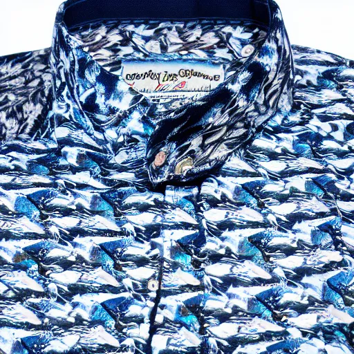 Image similar to Robert Graham shirt inspired by great white sharks, print detail, product photography