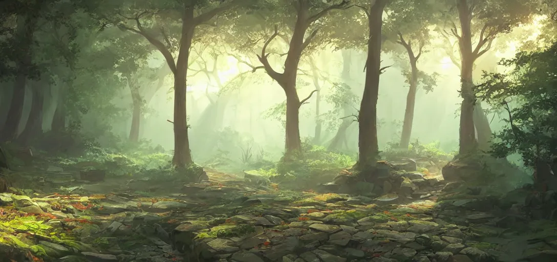 Prompt: concept art by sylvain sarrailh of an abandonned asian temple, inside a asiatic forest, a stone path, sunshafts