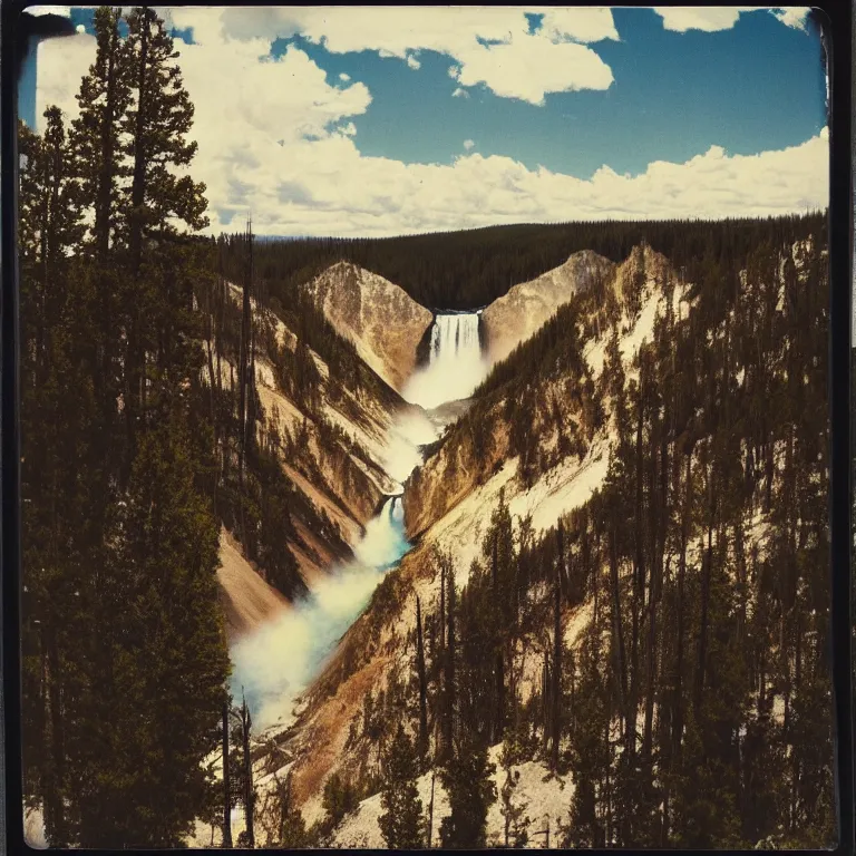 Image similar to atmospheric polaroid photo of Yellowstone, beautiful scenery