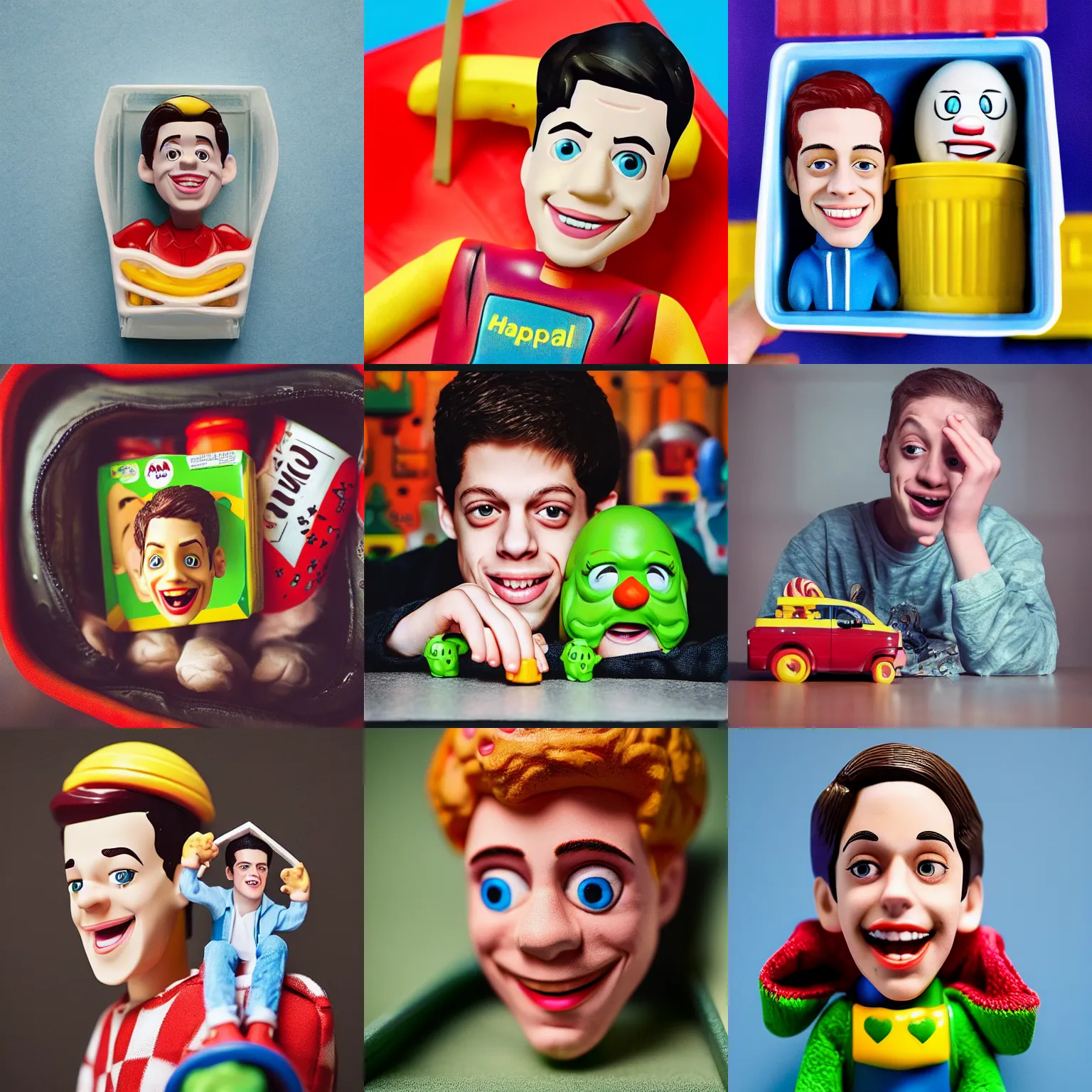 Prompt: “Pete Davidson as a Happy Meal Toy, toy photography, closeup, detailed, 4k, good condition”