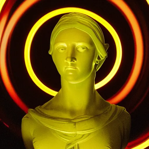 Image similar to a neon circle around the head of a renaissance statue, planetary ring, 3 d render, black background, ray tracing, 8 k resolution, sharp focus, very detailed, hyper realistic