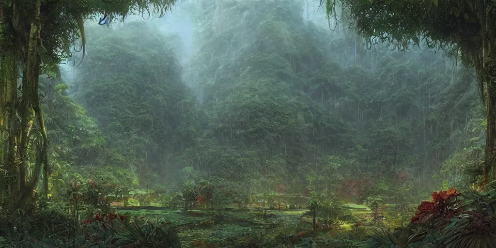 Prompt: Artwork of the Cinematic view of The Glittery Jungles by John Howe, Trending on artstation