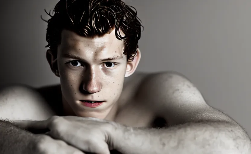 Image similar to photographic portrait by Annie Leibovitz of Tom Holland in a hot tub, closeup, foggy, sepia, moody, dream-like, sigma 85mm f/1.4, 15mm, 35mm, 4k, high resolution, 4k, 8k, hd, full color