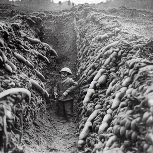 Prompt: world war 1 trenches full of beans