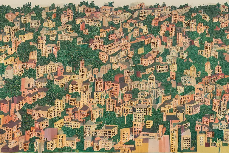 Image similar to an elaborate and dense painting of a peaceful neighborhood in the 1 9 5 0 /, made of alcohol ink on parchment, by wes anderson and geoff darrow