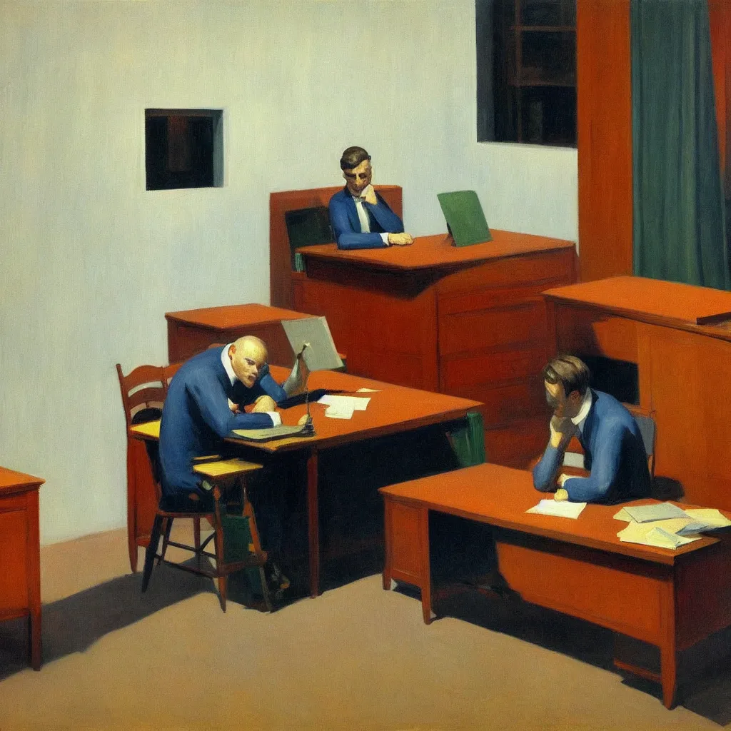 Image similar to painting of a man, sitting at his desk alone, in a huge office, in the style of edward hopper