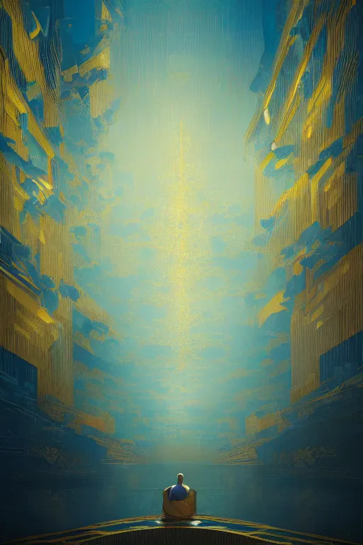 Image similar to art deco patterns, blue and gold, 8 k, powerfull, intricate, elegant, volumetric lighting, scenery, digital painting, highly detailed, artstation, sharp focus, illustration, concept art, ruan jia, steve mccurry, beksinski